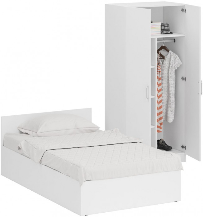 Кровать 1200 + Шкаф 2-х створчатый Стандарт, цвет белый, ШхГхВ 123,5х203,5х70 + 90х52х200 см., сп.м. 1200х2000 мм., без матраса, основание есть
