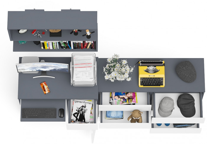 Мори Стол компьютерный МС-1 правый + Комод МК1200.6 + Полка 900, цвет графит/белый, ШхГхВ 210,4х50х209,6 см., НЕ универсальная сборка