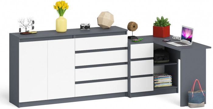 Мори Стол компьютерный МС-16 левый + Комод МК1600.1, цвет графит/белый, ШхГхВ 284,8х84,9х94 см., выдвижные ящики слева, НЕ универсальная сборка