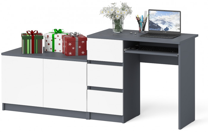 Мори Стол компьютерный МС-6 левый + Тумба МА900.1, цвет графит/белый, ШхГхВ 180,4х50,4х76,6 см., выдвижные ящики слева, НЕ универсальная сборка