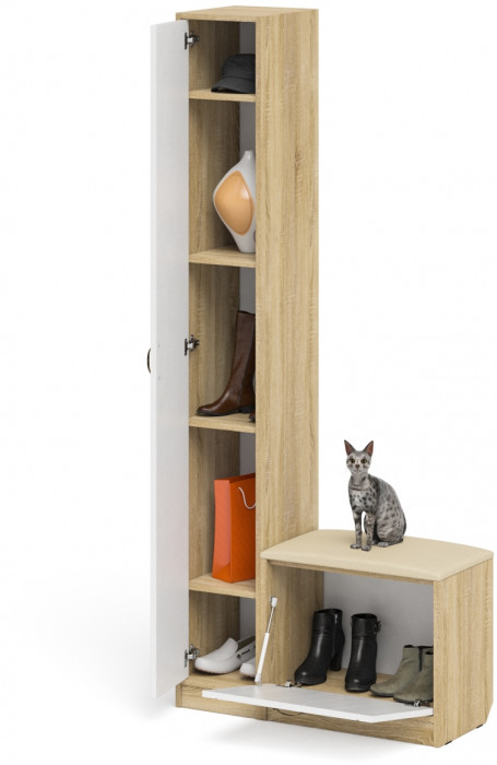 Прихожая П-6 Компоновка № 19, цвет дуб сонома/фасады МДФ белое дерево фрезеровка прованс, ШхГхВ 90х35х210 см., универсальная сборка