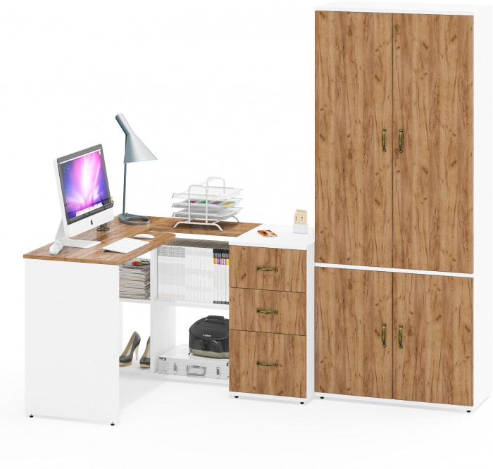 Лидер-8 Стол + Тумба МД 3.16 + Шкаф МД 20Б, белый шагрень/крафт золото