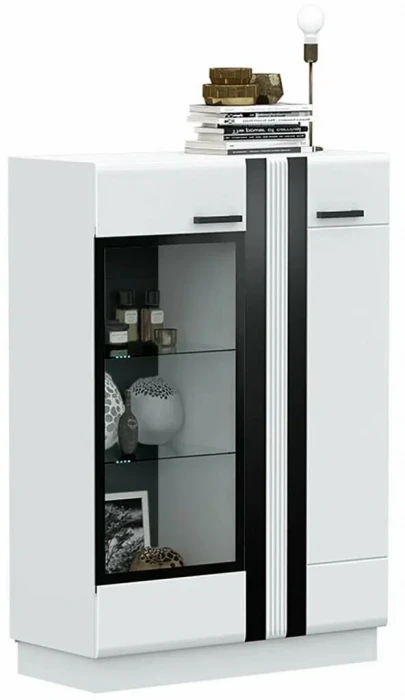 Магнолия Шкаф со стеклом низкий, белый/белый глянец