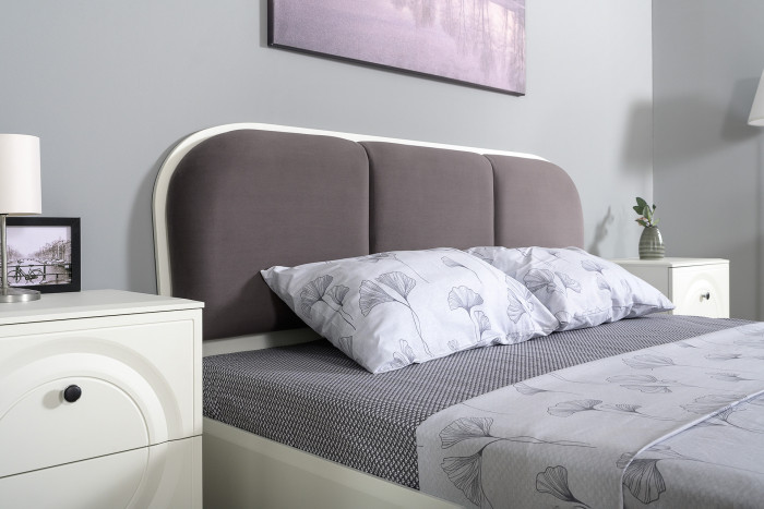 Валенсия Спальня № 12, цвет ЛДСП белый шагрень/чёрный/МДФ белый шагрень/ткань велутто 19, ортопед есть, сп. м. 1600х2000 мм., б/м