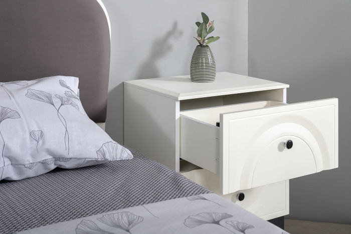 Валенсия Спальня № 12, цвет ЛДСП белый шагрень/чёрный/МДФ белый шагрень/ткань велутто 19, ортопед есть, сп. м. 1600х2000 мм., б/м