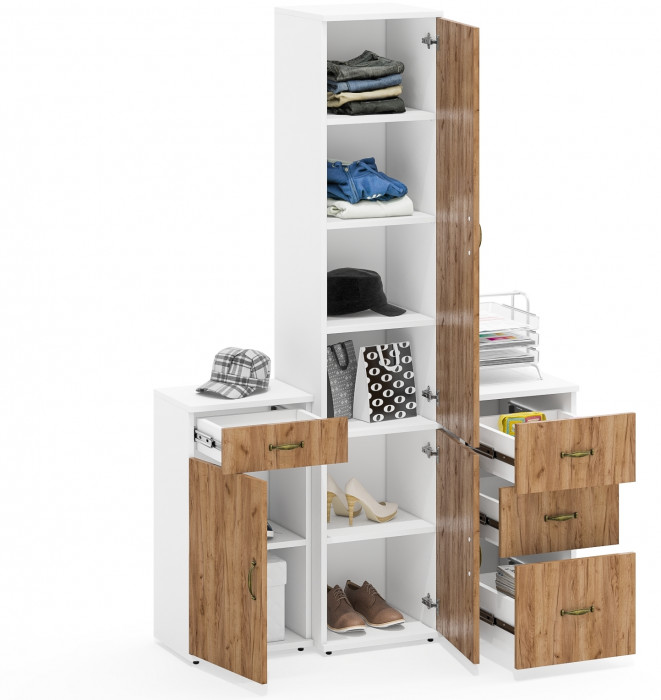 Лидер-8 Пенал МД 22Б + Тумба МД 3.15 + Тумба МД 3.16, белый шагрень/крафт золото