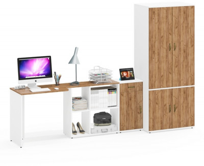 Лидер-8 Стол + Тумба МД 3.15 + Шкаф МД 19Б, белый шагрень/крафт золото