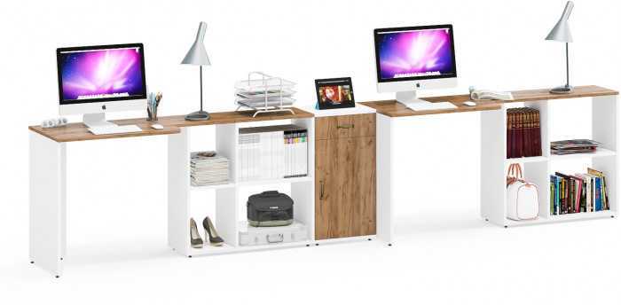 Лидер-8 Стол + Стол + Тумба МД 3.15, цвет белый шагрень/крафт золото, ШхГхВ 370х50/30х75 см. или 230х50/120х75 см., НЕ универсальная сборка