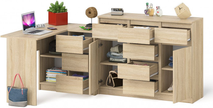 Мори Стол компьютерный МС-16 правый + Комод МК1200.4, цвет дуб сонома, ШхГхВ 244,8х84,9х94 см., выдвижные ящики справа, НЕ универсальная сборка