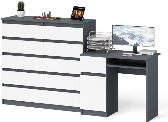Мори компьютерный стол МС-1 левый + Комод МК1200.10, графит/белый