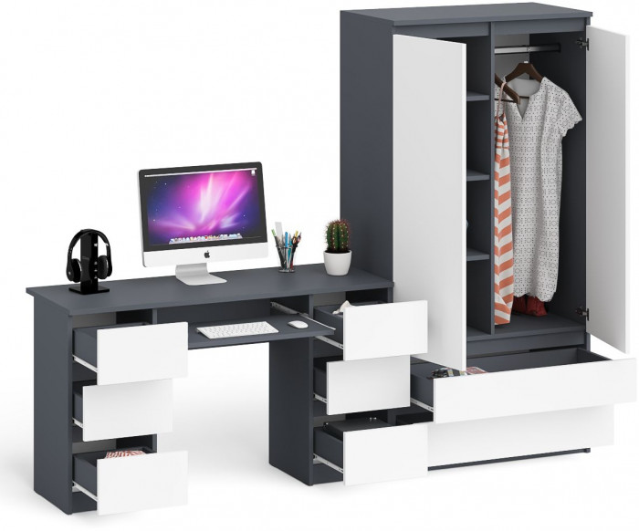 Мори компьютерный стол МС-2 + Шкаф МШ900.1, графит/белый