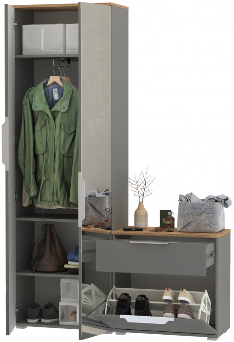 Октава Прихожая 09, цвет серый графит/дуб крафт золотой/фасады МДФ серый графит, ШхГхВ 129,3х35,4х197,6 см., универсальная сборка