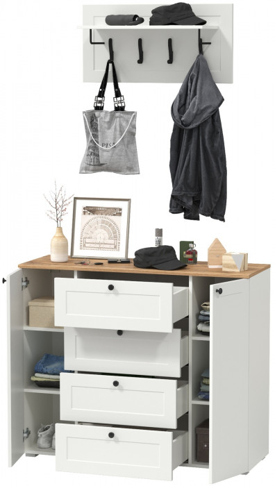 Остин 16.221 Комод + 15.12 Вешалка, цвет белый шагрень/дуб крафт золотой, ШхГхВ 120х41,9х210 см.