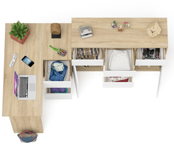 Мори компьютерный стол МС-16 правый + Комод МК1200.4, дуб сонома/белый