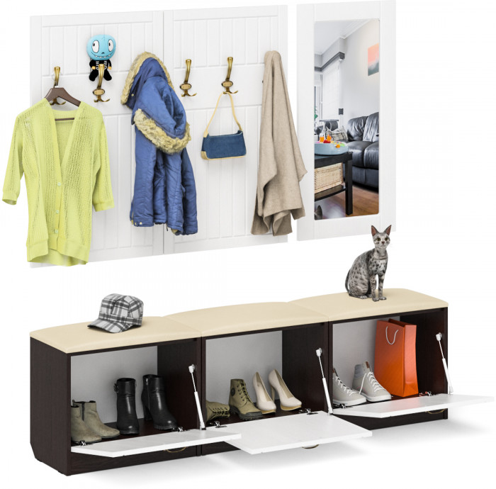 Прихожая П-6 Компоновка № 03, цвет венге/фасады МДФ белое дерево фрезеровка прованс, ШхГхВ 180х35х200 см., универсальная сборка