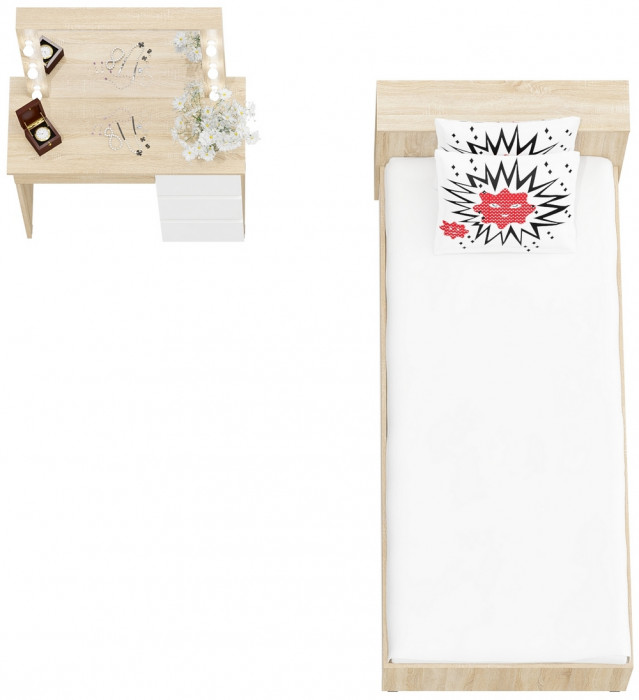 Ксения Кровать с ящиками 0900 + Стол косметический с подсветкой Сура, дуб сонома/белый