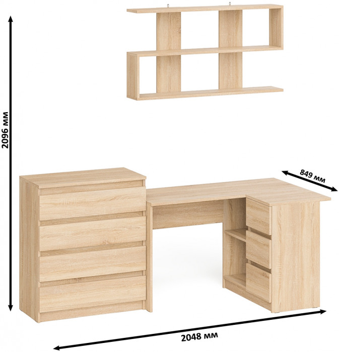 Мори компьютерный стол МС-16 правый + Комод МК800.4 + Полка 1200, дуб сонома