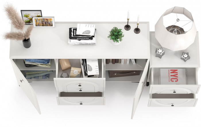 Валенсия Спальня 13.309 Комод + 13.291 Тумба прикроватная, ЛДСП белый шагрень/МДФ белый шагрень