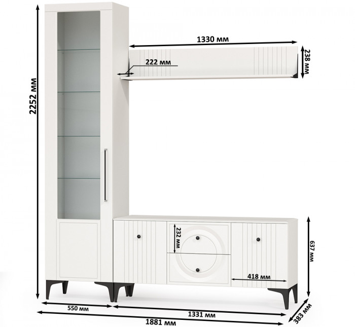 Валенсия Гостиная № 055, цвет ЛДСП белый шагрень/МДФ белый шагрень, ШхГхВ 188,1х38,3х225,2 см., универсальная сборка