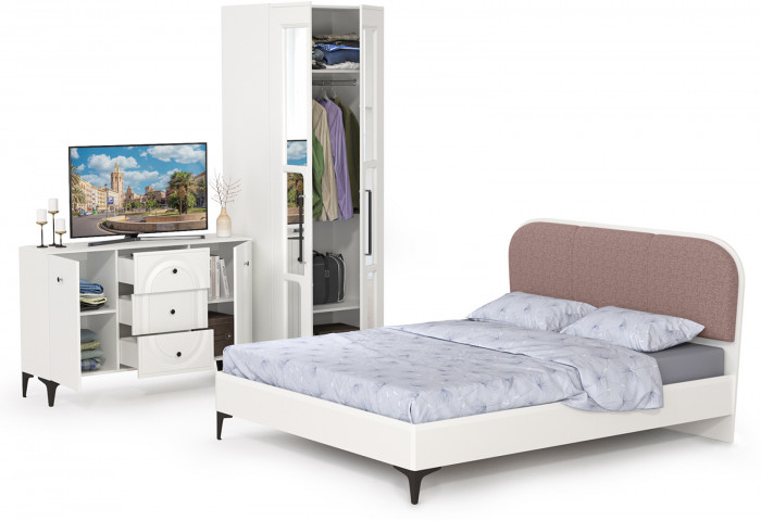 Валенсия Спальня № 18, цвет ЛДСП белый шагрень/МДФ белый шагрень/ткань велутто 19, ортопед есть, сп. м. 1600х2000 мм., б/м