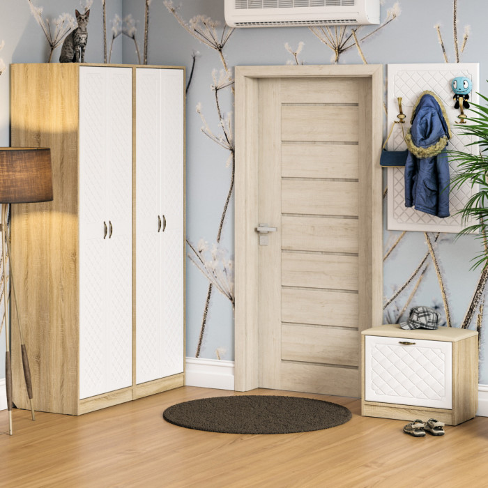Прихожая П-6 Шкаф + Шкаф, цвет дуб сонома/фасады МДФ белое дерево фрезеровка ромб, ШхГхВ 120х50х210 см.