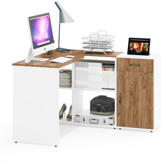 Лидер-8 Стол + Тумба МД 3.15, белый шагрень/крафт золото