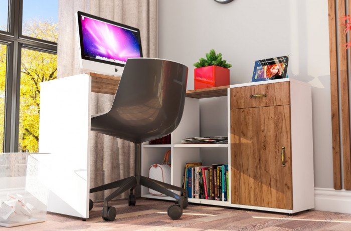 Лидер-8 Стол + Тумба МД 3.15, белый шагрень/крафт золото