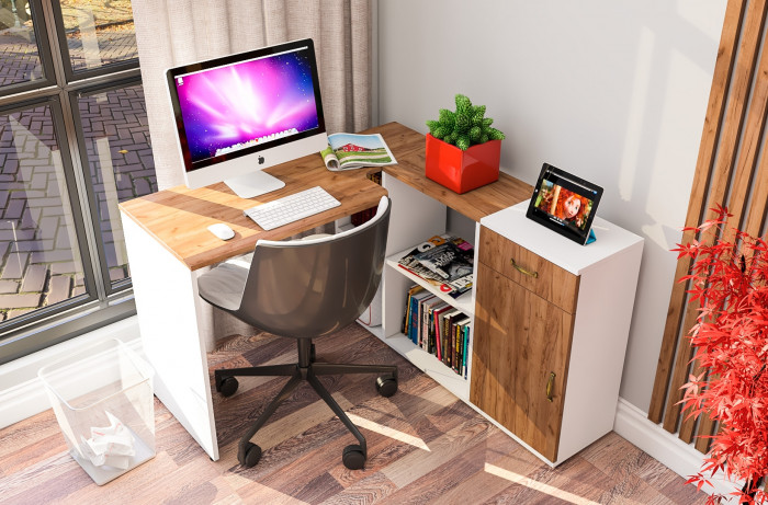 Лидер-8 Стол + Тумба МД 3.15, белый шагрень/крафт золото