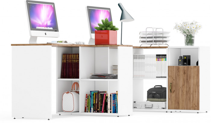 Лидер-8 Стол + Стол + Тумба МД 3.19, цвет белый шагрень/крафт золото, ШхГхВ 370х50/30х75 см. или 230х50/120х75 см., НЕ универсальная сборка