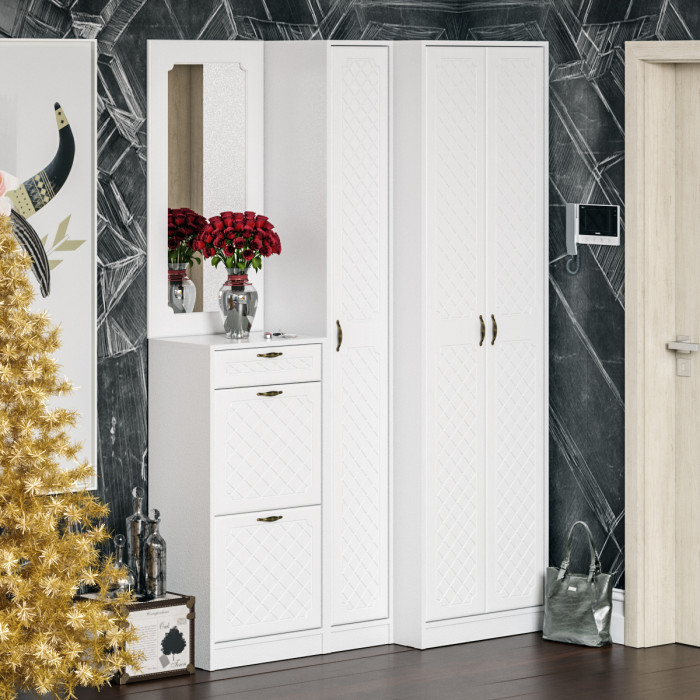 Прихожая П-6-350 Пенал, белая шагрень/фасады МДФ белое дерево фрезеровка ромб