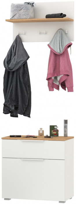 Октава 16.127 Тумба для обуви + 15.14.01 Вешалка, цвет белый шагрень/дуб крафт золотой/фасады МДФ белый шагрень, ШхГхВ 64,9х35,4х197 см.