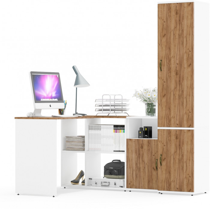 Лидер-8 Стол + Тумба МД 3.19 + Пенал МД 22Б, белый шагрень/крафт золото