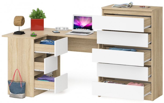 Мори компьютерный стол МС-16 левый + Комод МК700.5, дуб сонома/белый