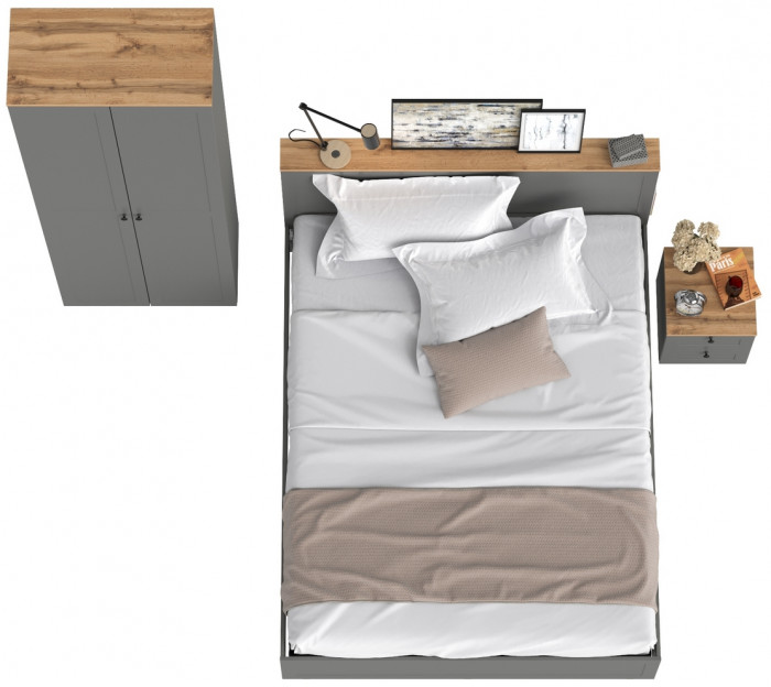 Остин 11.53 Кровать + ортопед + 16.307 Шкаф + 16.152 Тумба прикроватная, серый графит/дуб крафт золотой