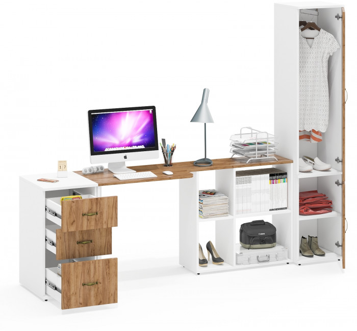 Лидер-8 Стол + Тумба МД 3.16 + Пенал МД 21Б, белый шагрень/крафт золото