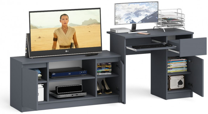 Мори Стол компьютерный МС-1 правый + Тумба МТВ1200.1, цвет графит, ШхГхВ 210,4х50х76,6 см., выдвижной ящик справа, НЕ универсальная сборка