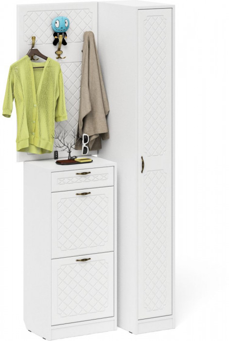 Прихожая П-6 Компоновка № 44, белая шагрень/фасады МДФ белое дерево фрезеровка ромб