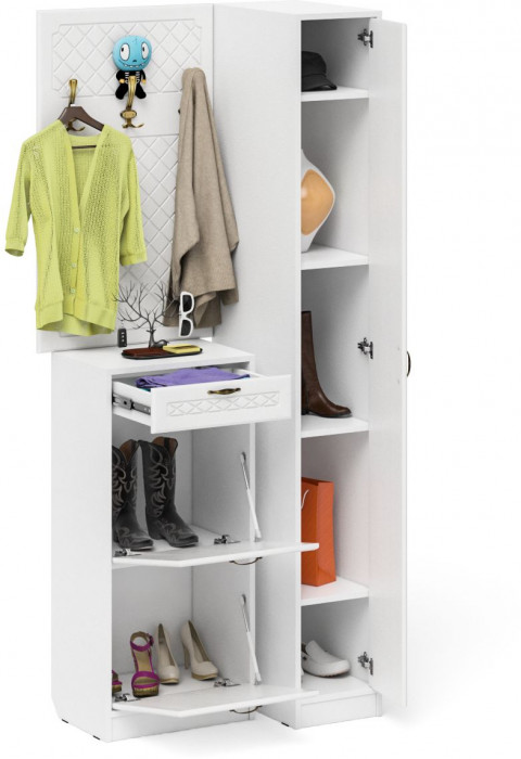 Прихожая П-6 Компоновка № 44, белая шагрень/фасады МДФ белое дерево фрезеровка ромб