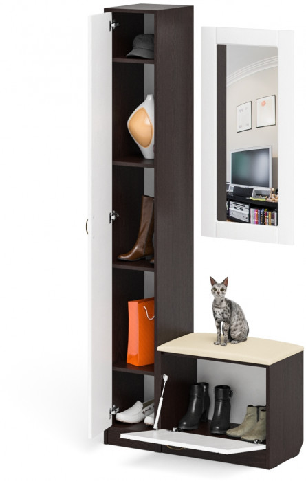 Прихожая П-6 Компоновка № 20, цвет венге/фасады МДФ белое дерево фрезеровка прованс, ШхГхВ 90х35х210 см., универсальная сборка