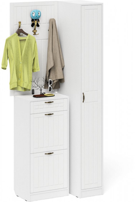 Прихожая П-6 Компоновка № 44, цвет белая шагрень/фасады МДФ белое дерево фрезеровка прованс, ШхГхВ 90х50х220 см., универсальная сборка