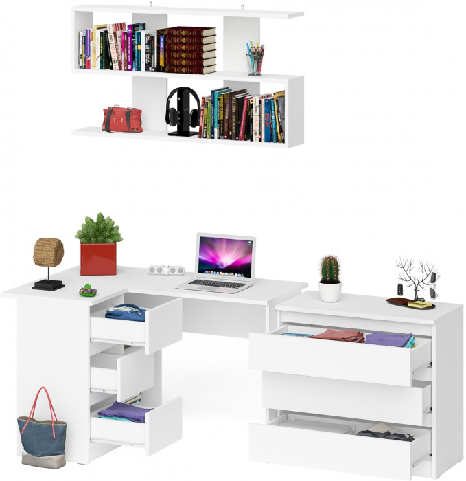 Мори компьютерный стол МС-16 левый + Комод МК800.1 + Полка 1200, белый