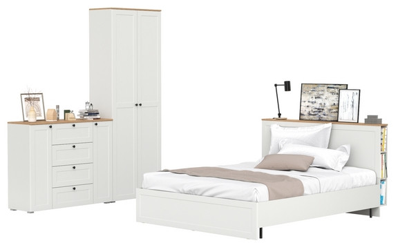 Остин 11.53 Кровать + ортопед + 16.307 Шкаф + 16.221 Комод, белый шагрень/дуб крафт золотой