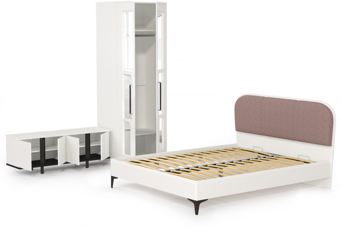 Валенсия Спальня № 26, цвет ЛДСП белый шагрень/чёрный/МДФ белый шагрень/ткань велутто 19, ортопед есть, сп. м. 1600х2000 мм., б/м