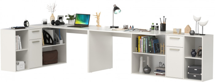 Лайт Стол письменный 03.245F + 03.245F, цвет белый шагрень, ШхГхВ 342,7х136х75,2 см.(угловой) или 407х68х75,2 см.(прямой), универсальная сборка