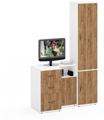 Лидер-8 Пенал МД 21Б + Тумба МД 3.16 + Тумба МД 3.19, цвет белый шагрень/крафт золото, ШхГхВ 120х50х190 см., универсальная сборка