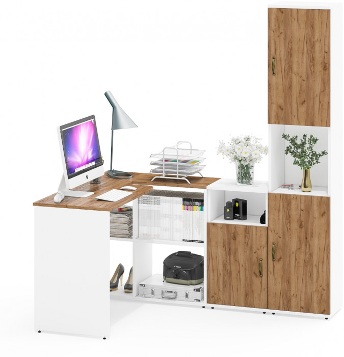 Лидер-8 Стол + Тумба МД 3.19 + Пенал, белый шагрень/крафт золото