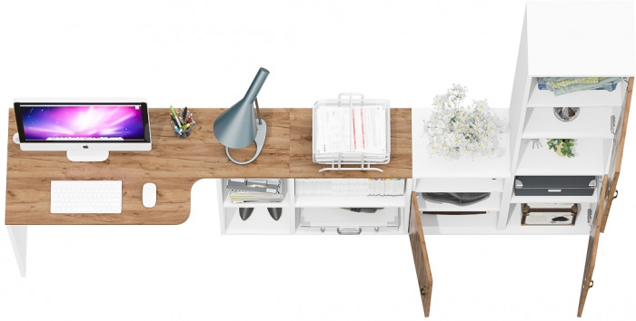 Лидер-8 Стол + Тумба МД 3.19 + Пенал, белый шагрень/крафт золото