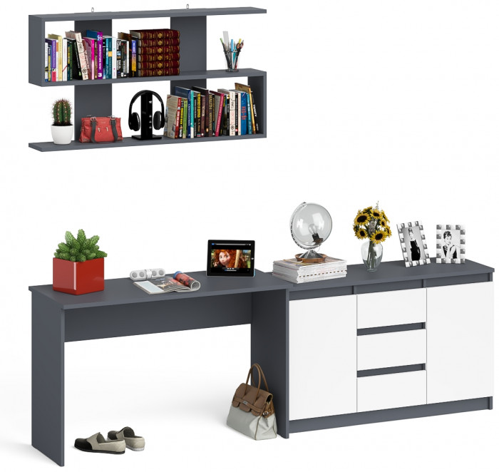 Мори письменный стол МСП1200.1 + Комод МК1200.3 + Полка 1200, графит/белый