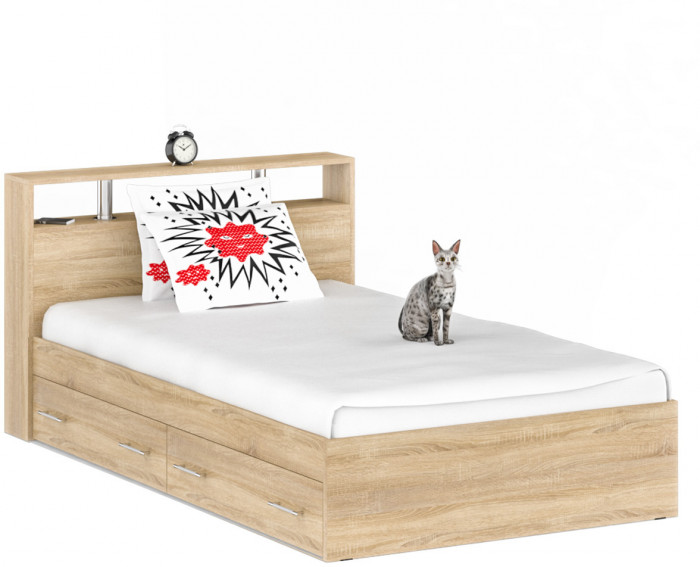 Камелия Кровать с ящиками 1200, цвет дуб сонома, ШхГхВ 123,5х217х78,2 см., сп.м. 1200х2000 мм., без матраса, основание есть