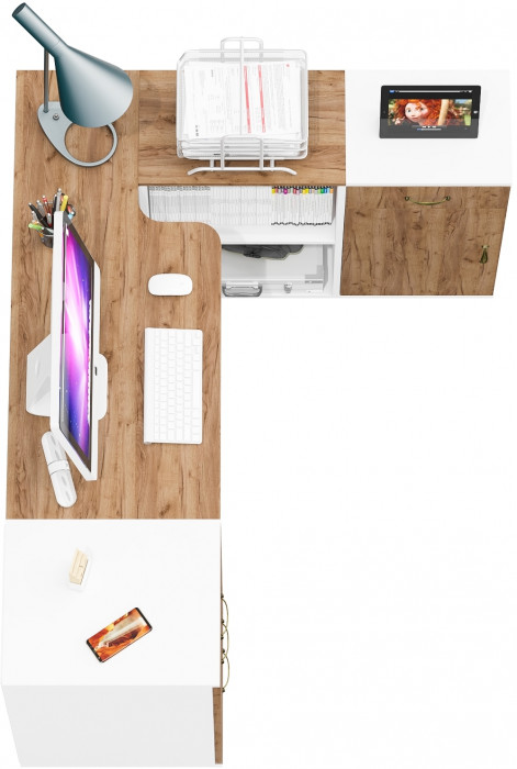 Лидер-8 Стол + Тумба МД 3.15 + Тумба МД 3.16, цвет белый шагрень/крафт золото, ШхГхВ 245х50/30х75 см. или 115х50/160х75 см., НЕ универсальная сборка